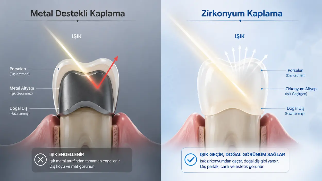 metal porselen ve zirkonyum kaplama arasindaki yapi farki